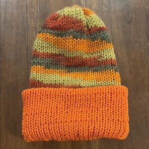 Orange and Green Striped Knit Beanie Hat